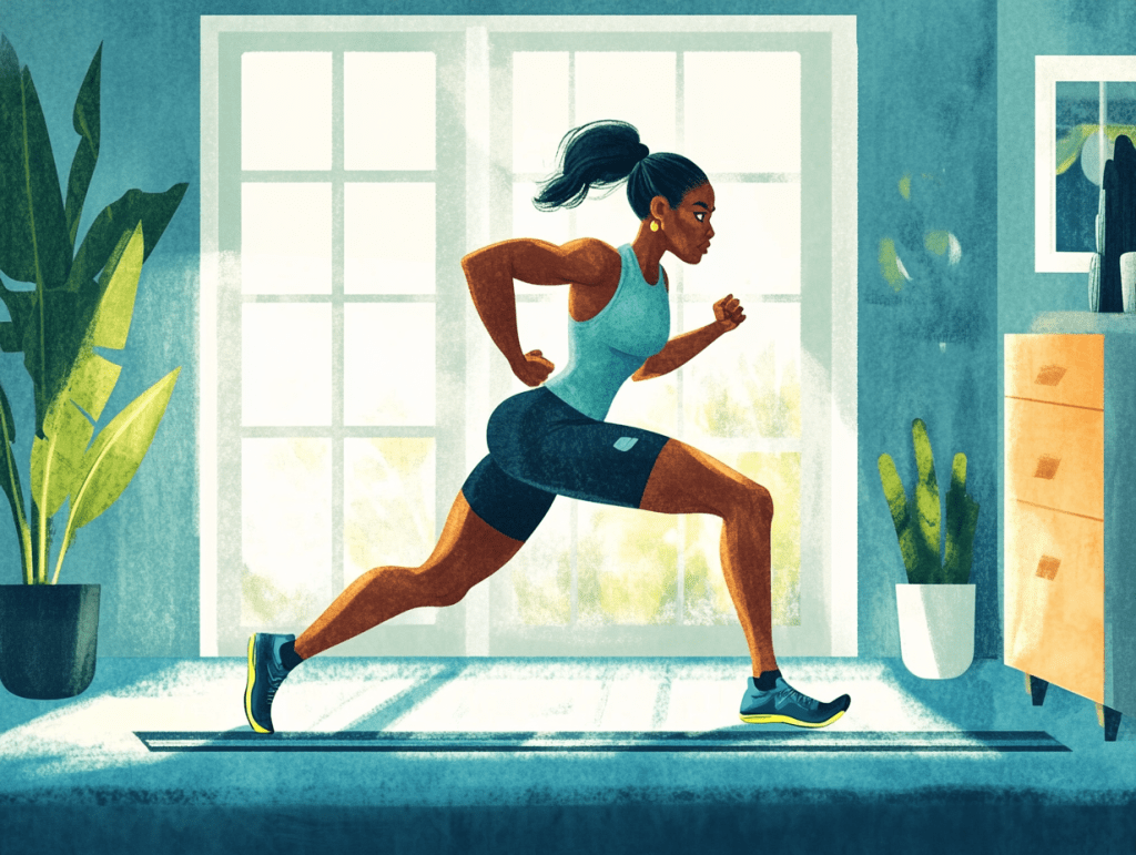 A woman running in a treadmill at home