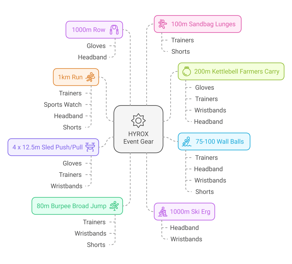 Map with the essential gear in each Hyrox interval