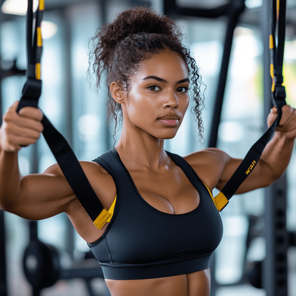 A girl at the gym working out with some bands