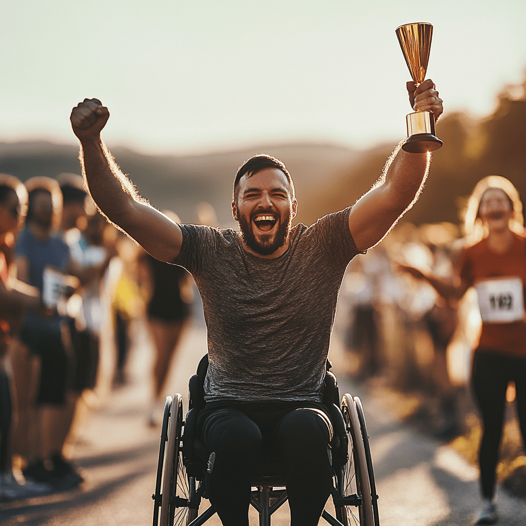 A man on a wheelchair after competing in Hyrox