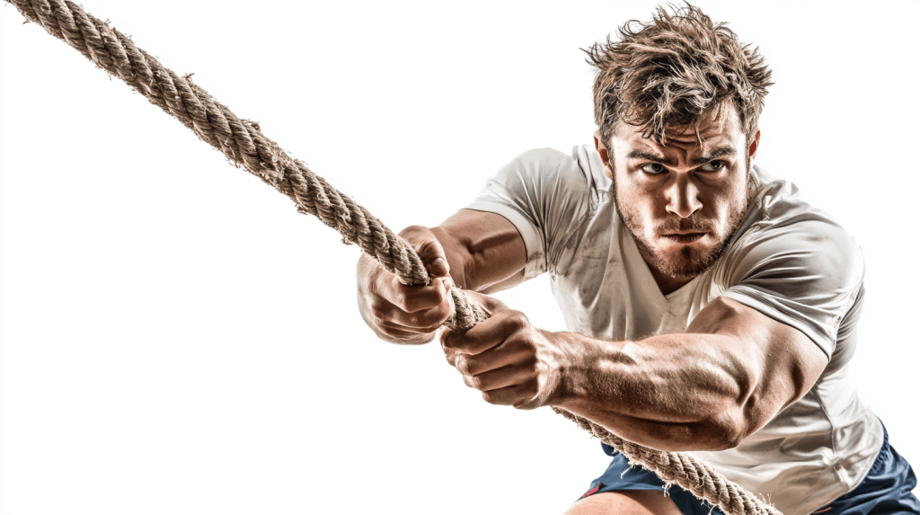 A Hyrox guy pulling a rope idurng a Sled Pull exercise