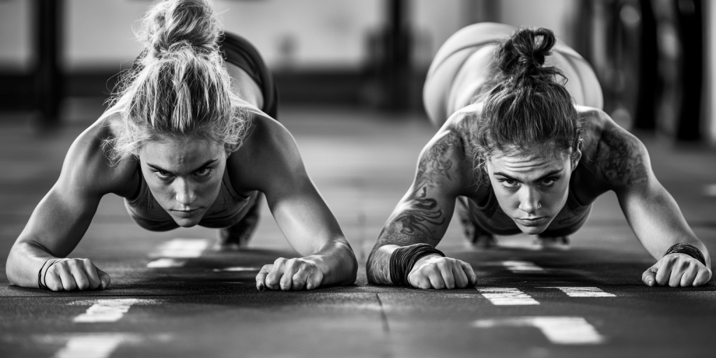 Thow girls doing planks as withing a Hyrox Workout