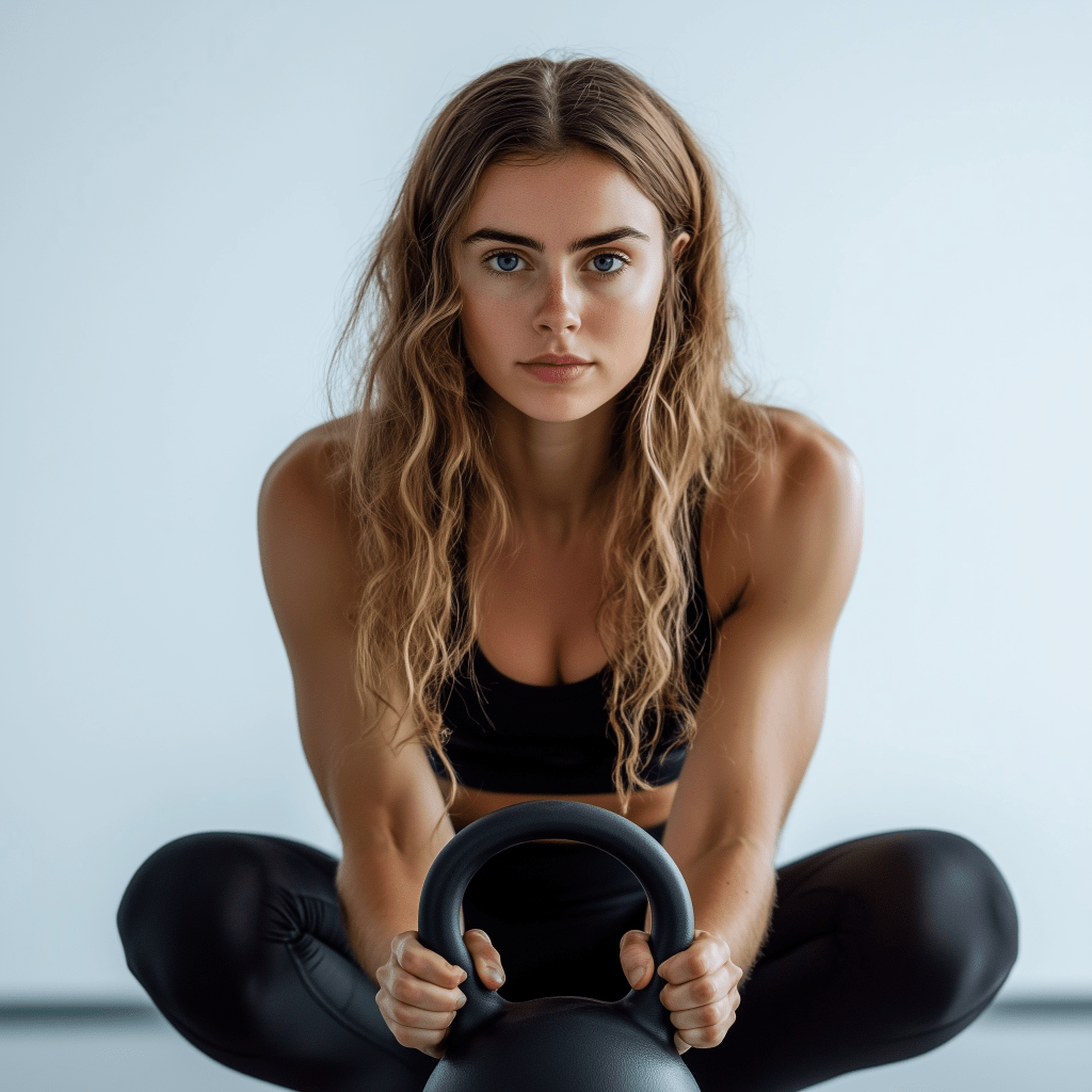 Girl seated with a kettlebell