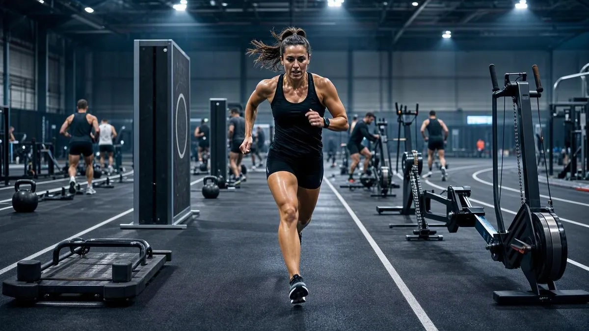 Hyrox athlete running between workout stations during a race