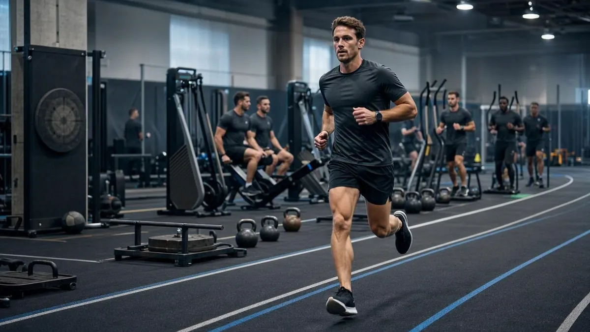 Runner pacing steadily on an indoor track
