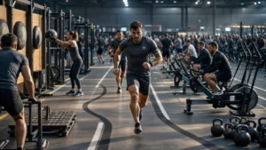Athlete running the indoor track past sleds and wall-ball targets - Hyrox Compromised Running