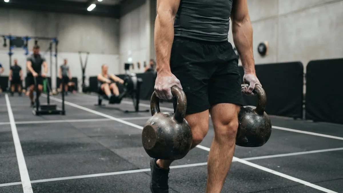 Close up of athlete hands gripping competition kettlebells in the farmer carry