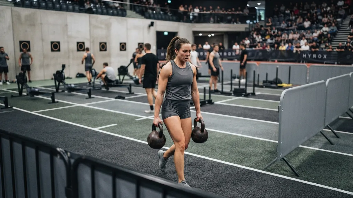 Athlete in motion performing heavy kettlebell carries during indoor fitness race