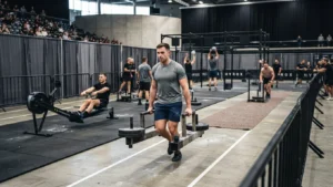 Athlete running the indoor track past sleds and wall-ball targets - Hyrox Farmer Carry
