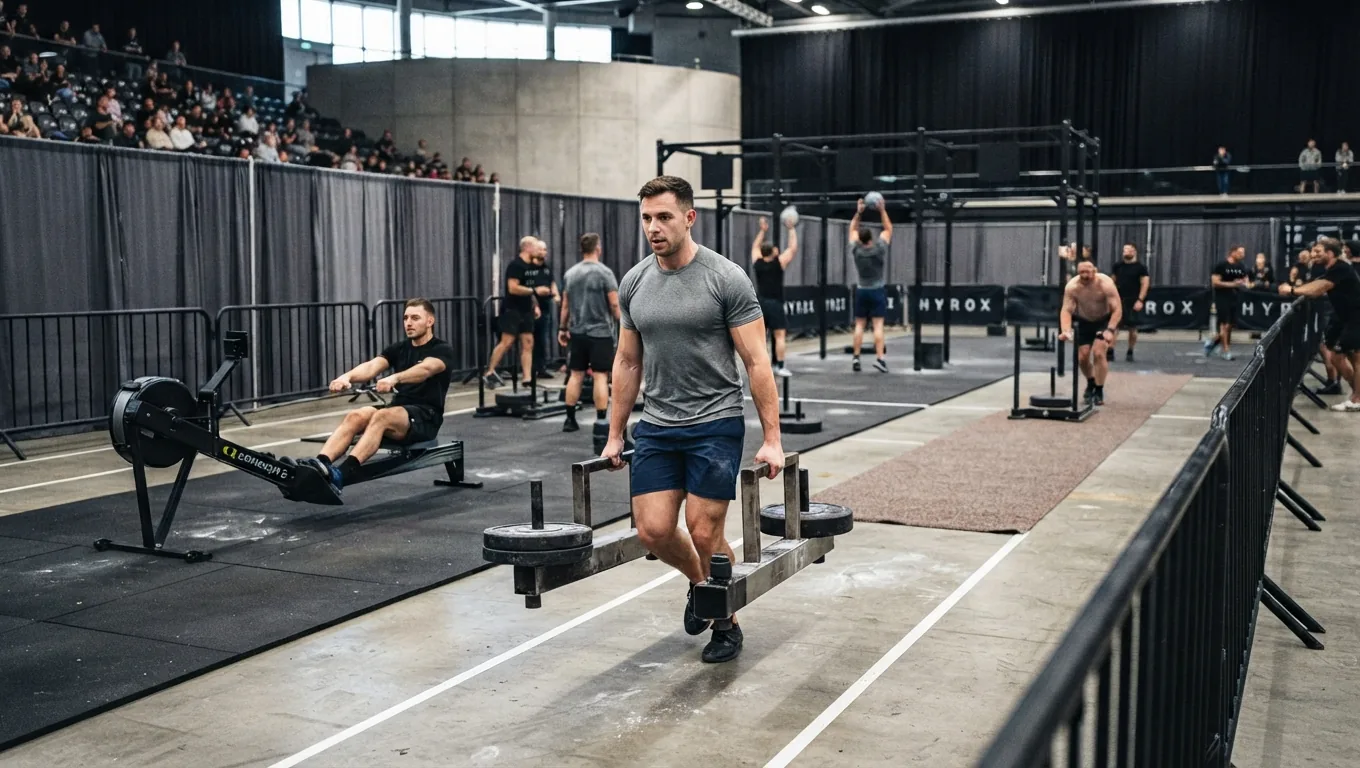 Athlete running the indoor track past sleds and wall-ball targets - Hyrox Farmer Carry