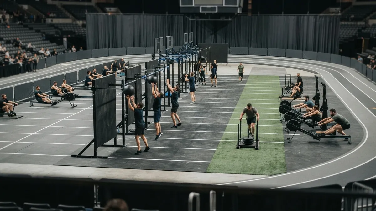 Wall-ball targets and weighted sleds arranged in lanes on the competition floor