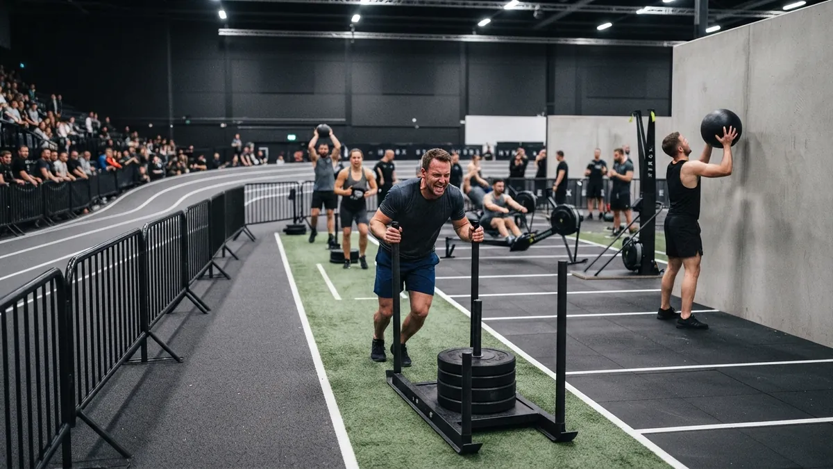 Athlete mid-effort during a race under arena lighting