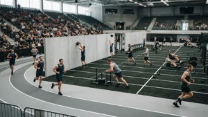 Athlete running the indoor track past sleds and wall-ball targets - Hyrox Olympics 2032