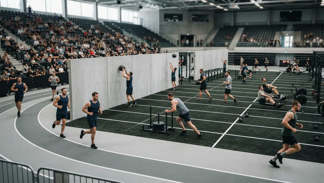 Athlete running the indoor track past sleds and wall-ball targets - Hyrox Olympics 2032