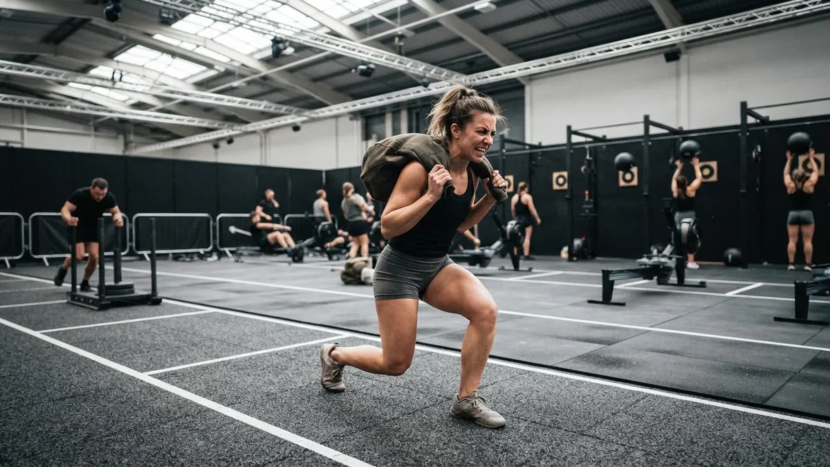 Athlete mid-lunge with a sandbag across the shoulders