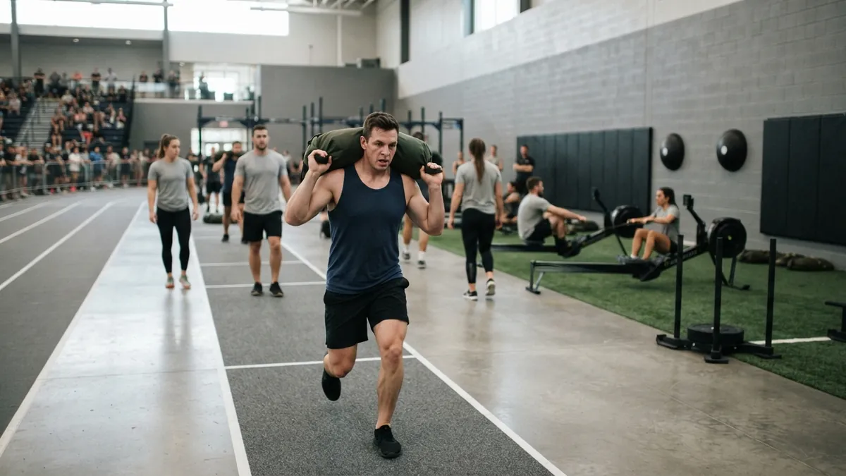 Athlete training walking lunges with a sandbag in a gym