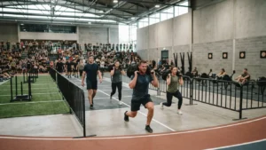 Athlete running the indoor track past sleds and wall-ball targets - Hyrox Sandbag Lunges