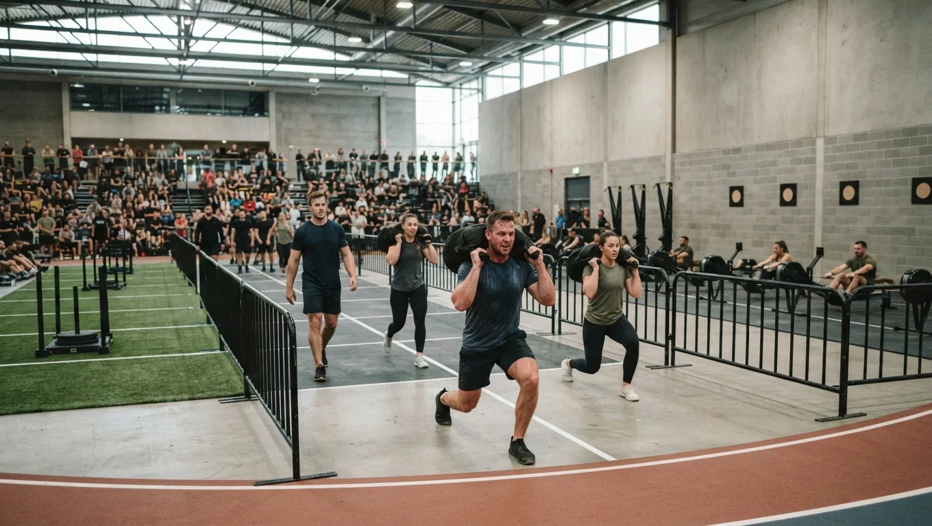 Athlete running the indoor track past sleds and wall-ball targets - Hyrox Sandbag Lunges