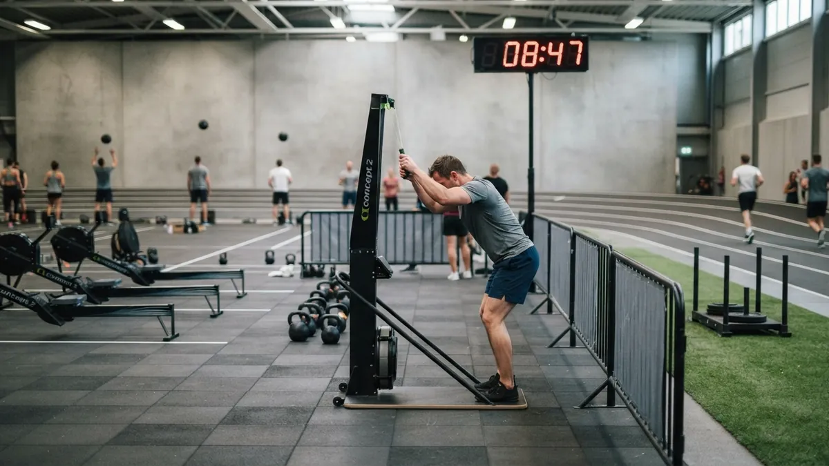 Concept2 SkiErg mounted on a freestanding floor stand platform